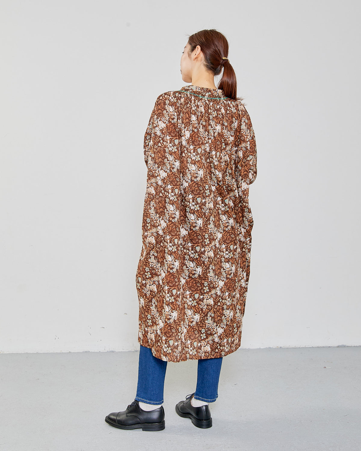 CAT FLOWER / HAND PRINTING SMOCKING ONE-PIECE DRESS 2604GH-0904 / LILOU&LILY ﾘﾙｱﾝﾄﾞﾘﾘｰ